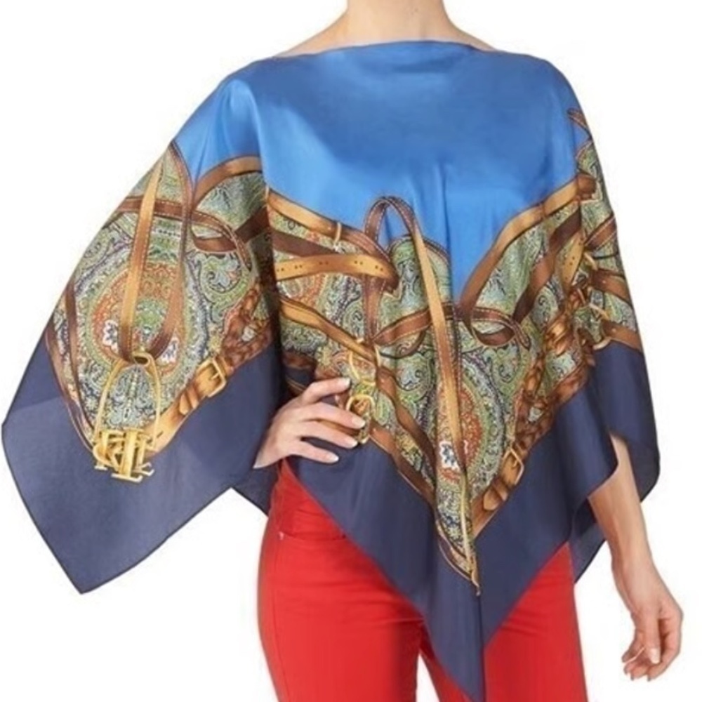 Lauren By Ralph Lauren Silk Poncho Blue Chain One Size‍‍‍‍‍